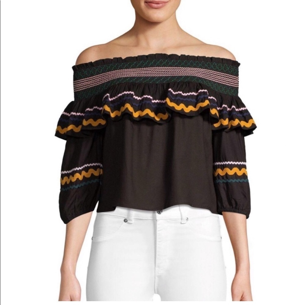 Red Carter Ric Rac Off The Shoulder Cropped Crop Top Paloma Ruffle Embroidered
